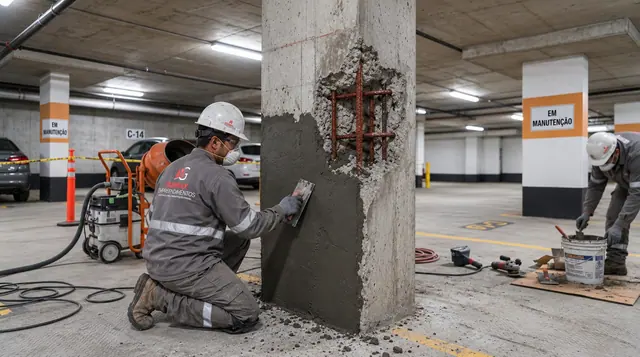 Profissional recompondo pilar de concreto em garagem