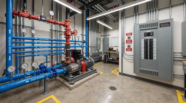 Casa de bombas com tubulações hidráulicas e quadro elétrico