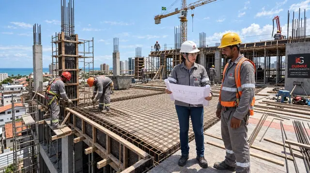 Engenheira e encarregado conferindo projeto em laje com armação